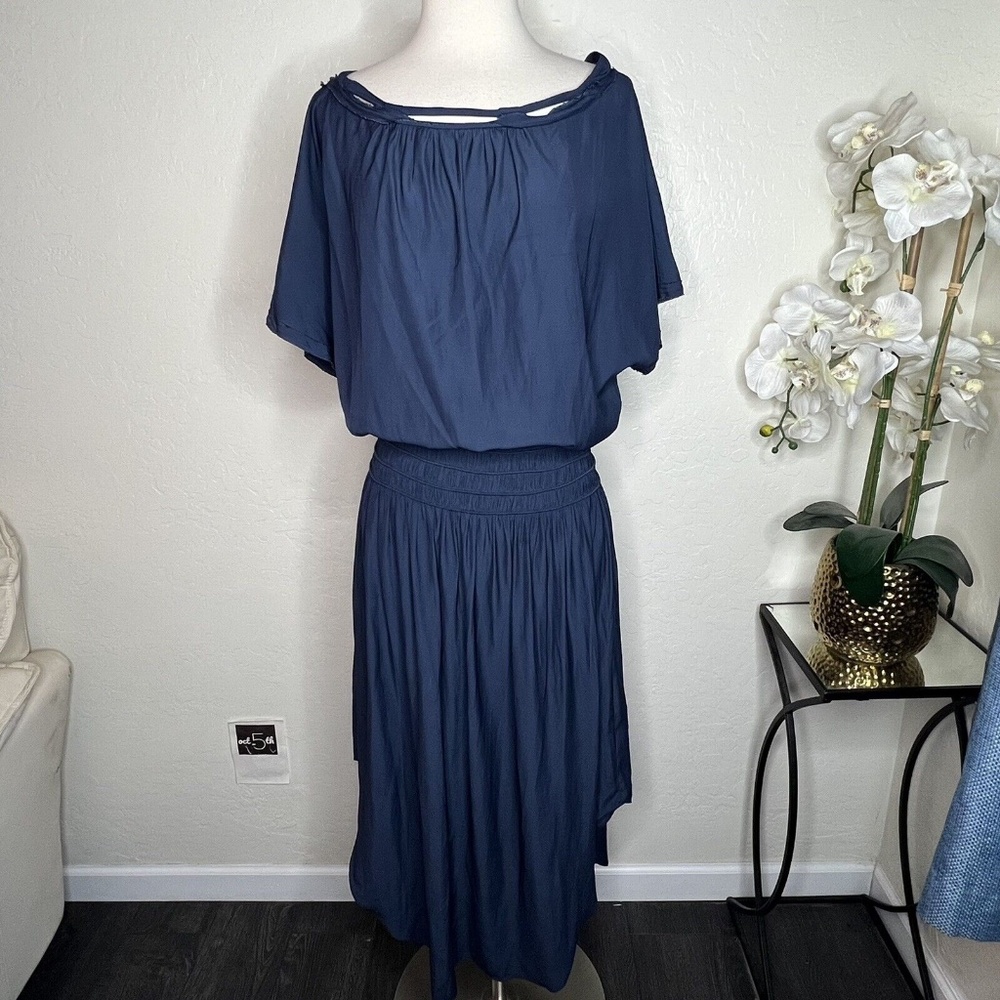 RAMY BROOK Navy Blue Midi Dress Elastic Waist Stretch Size S